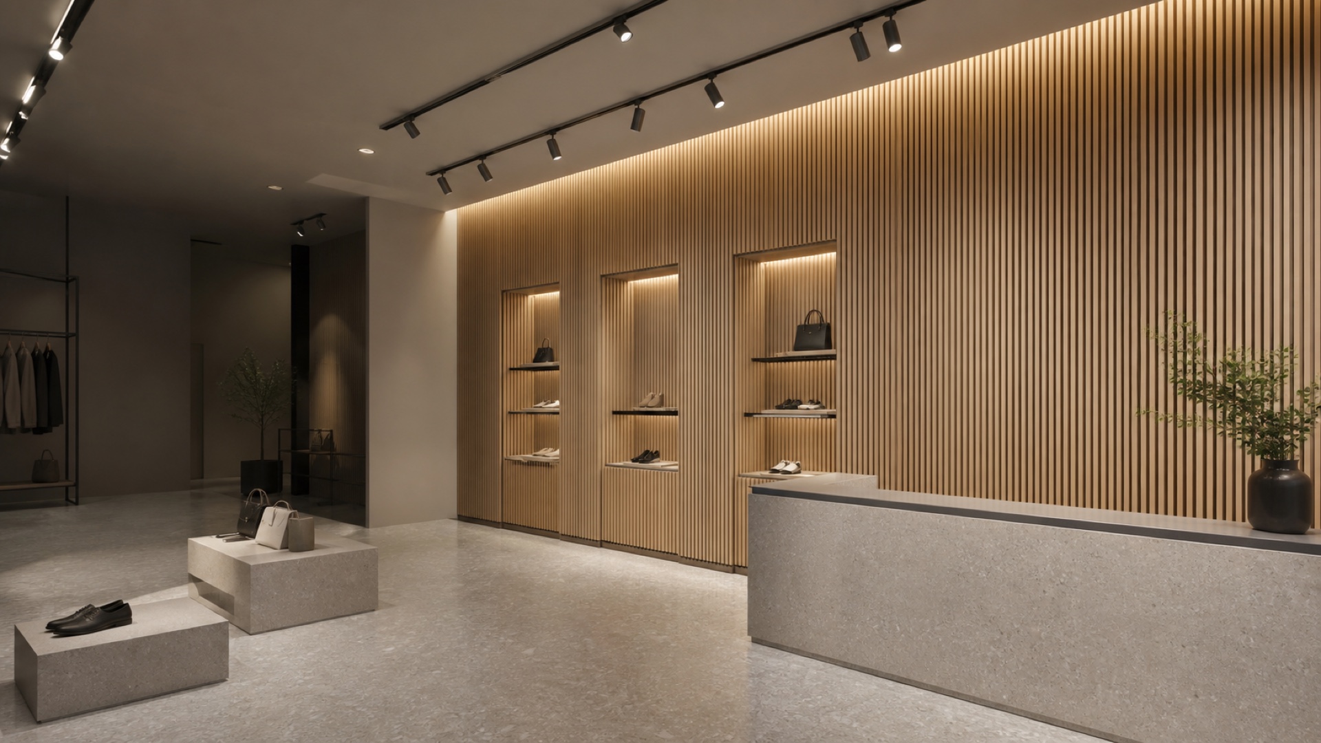 Light oak WPC fluted wall panels in a retail showroom